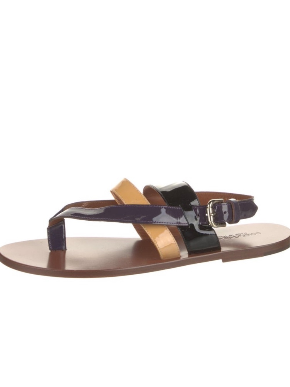 Dolce & Gabbana Purple Black Tan Patent Leather Thong Sandals with Buckle - Picture 2 of 8